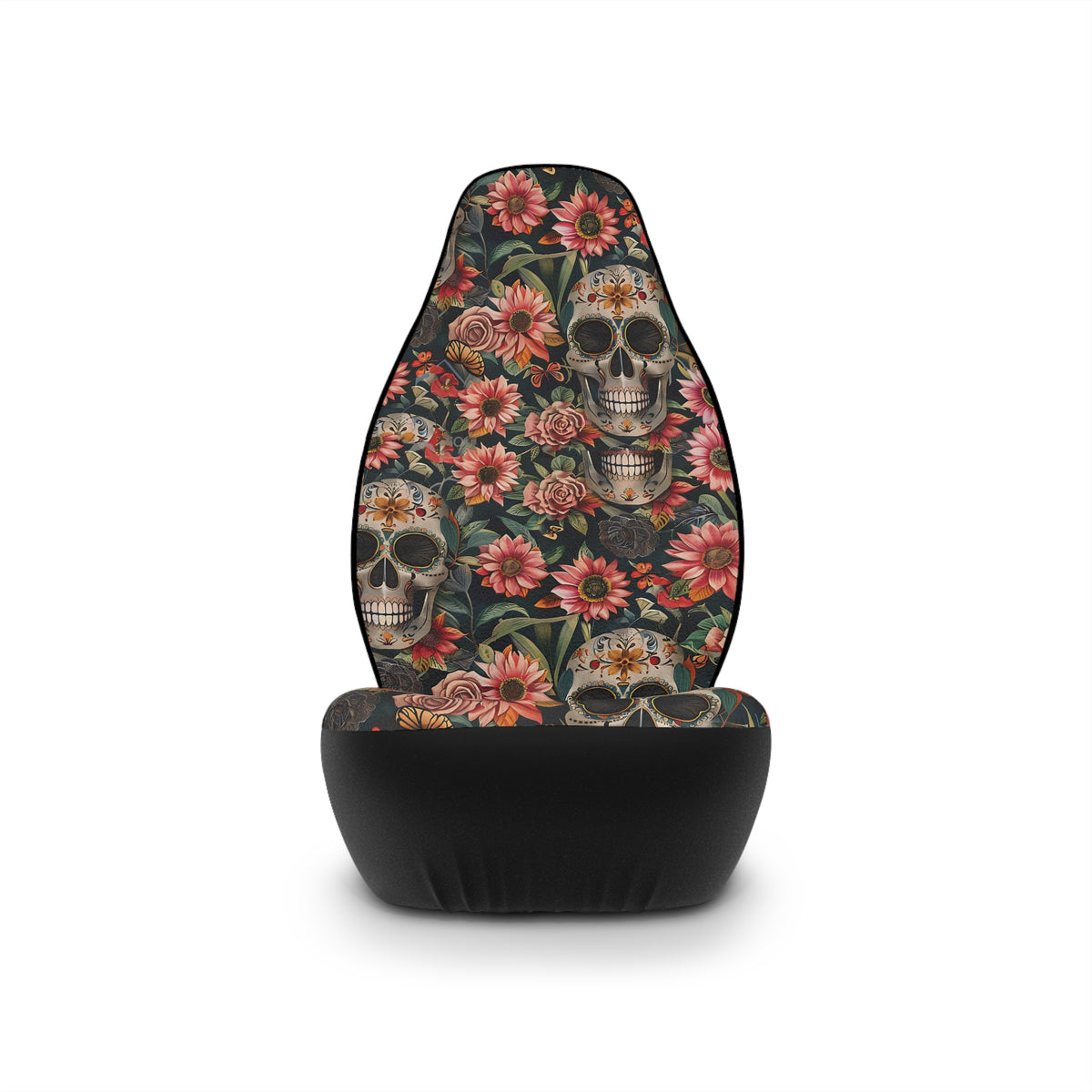 Flower gothic skull car seat covers, single cover on a seat, front view