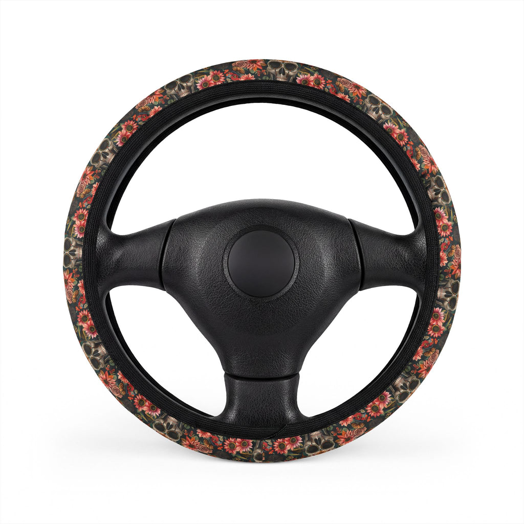 Flower gothic skull steering wheel cover, front view