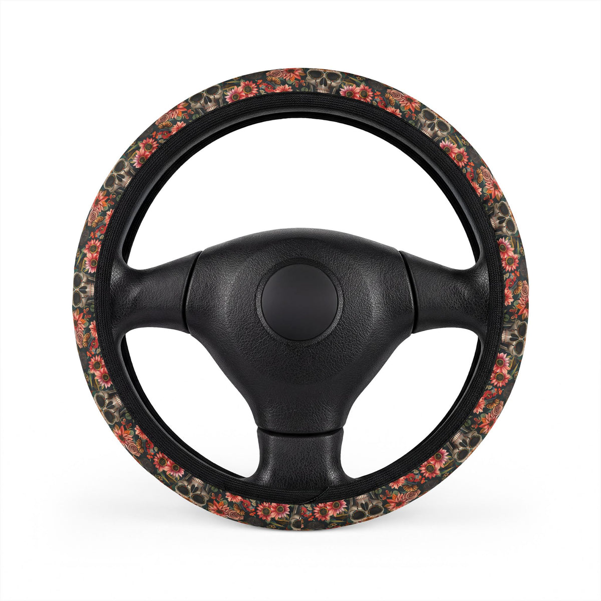 Flower gothic skull steering wheel cover, front view