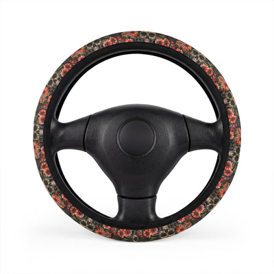 Flower gothic skull steering wheel cover, front view