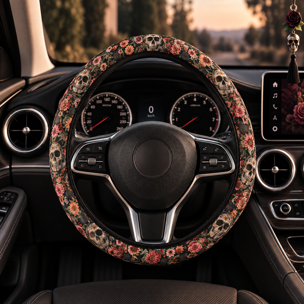 Flower gothic skull steering wheel cover shown in a car interior