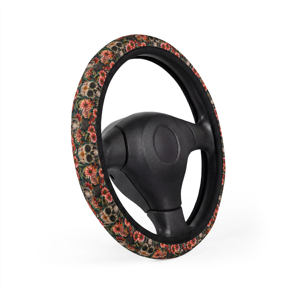 Flower gothic skull steering wheel cover, product view 3