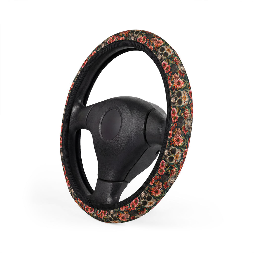 Flower gothic skull steering wheel cover, product view 4