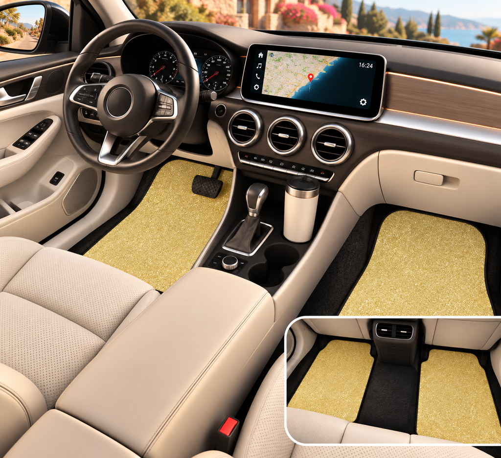Gold rainbow glitter car mats shown in a car interior