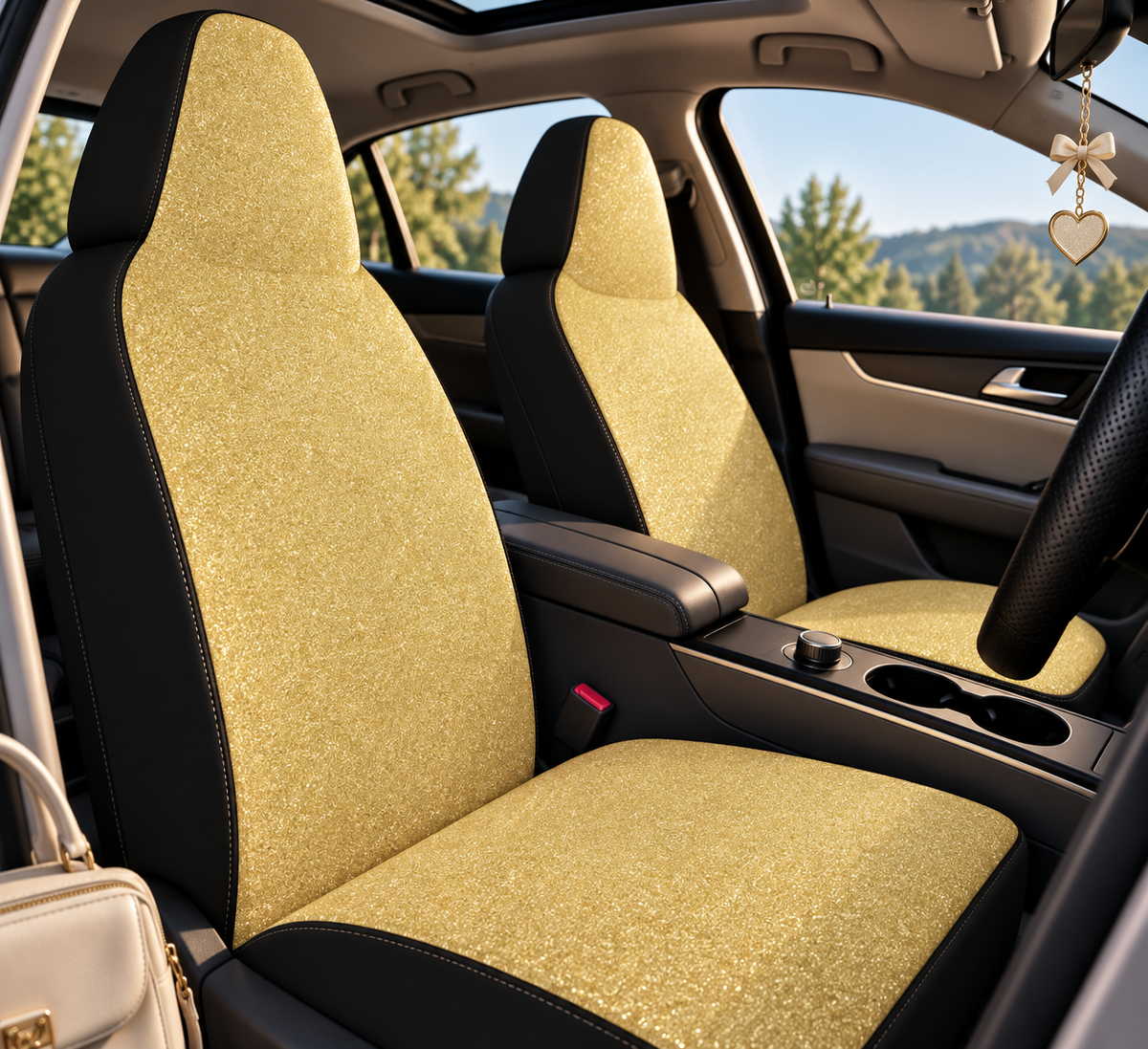 Gold rainbow glitter car seat covers shown in a car interior