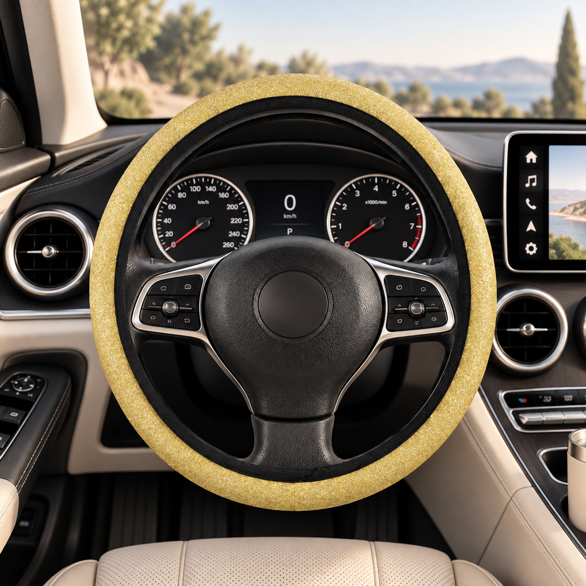 Gold rainbow glitter steering wheel cover shown in a car interior