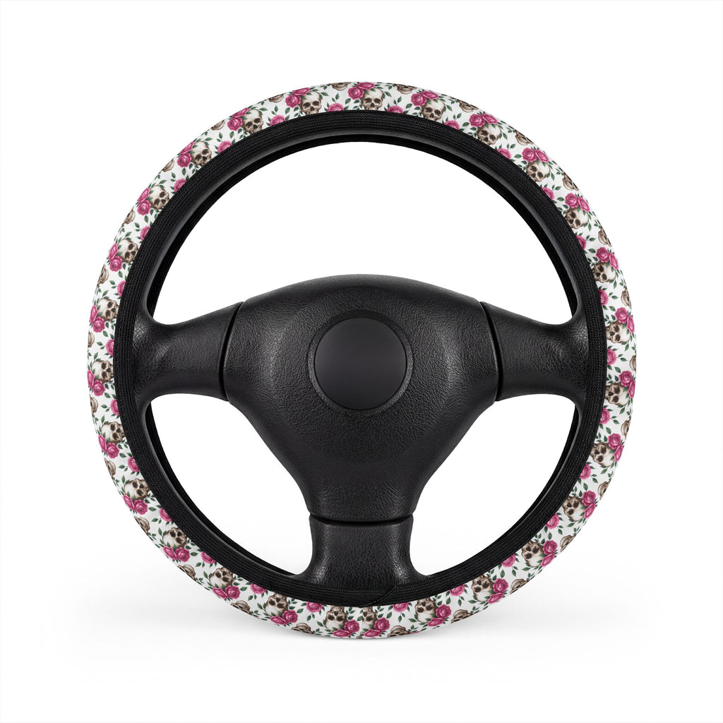 Gothic skull roses steering wheel cover, on a steering wheel