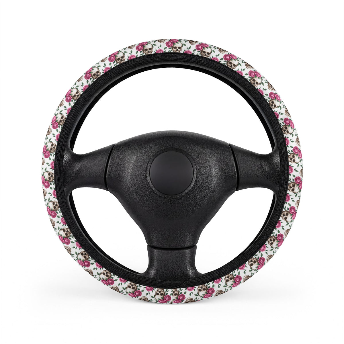 Gothic skull roses steering wheel cover, on a steering wheel