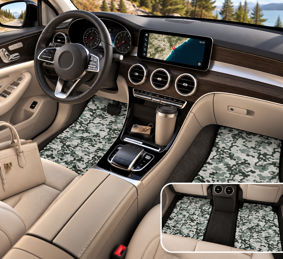 Gray camo car mats shown in a car interior