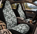 Gray camo car seat covers shown in a car interior