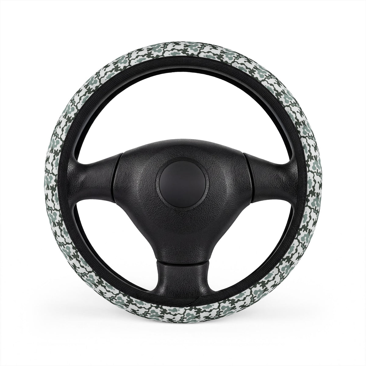 Gray camo steering wheel cover, on a steering wheel