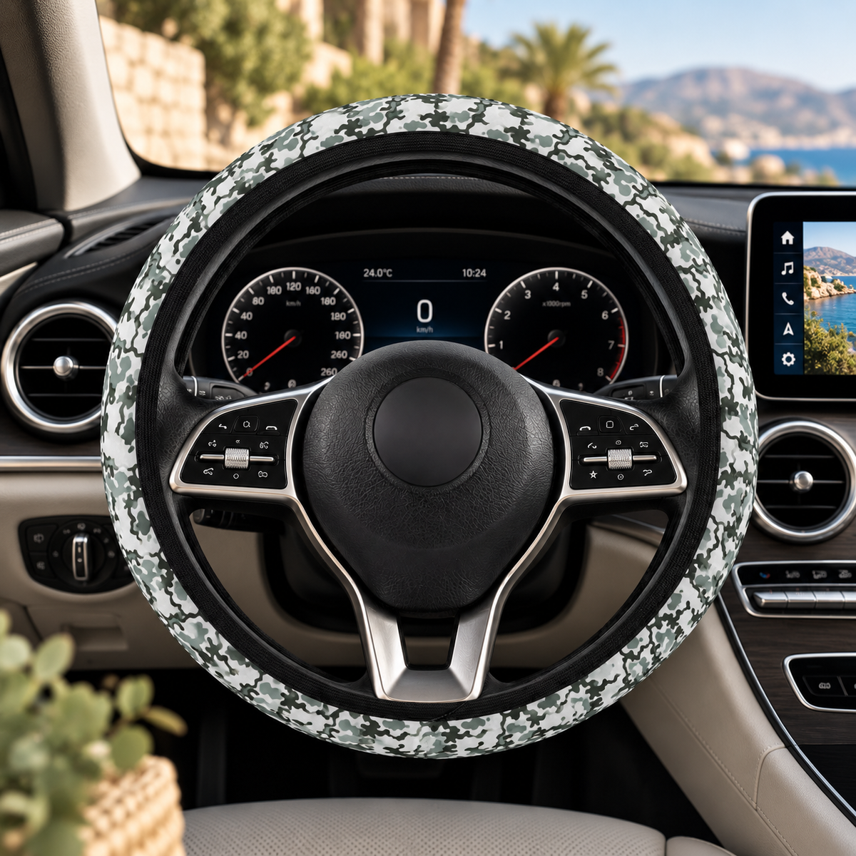 Gray camo steering wheel cover shown in a car interior