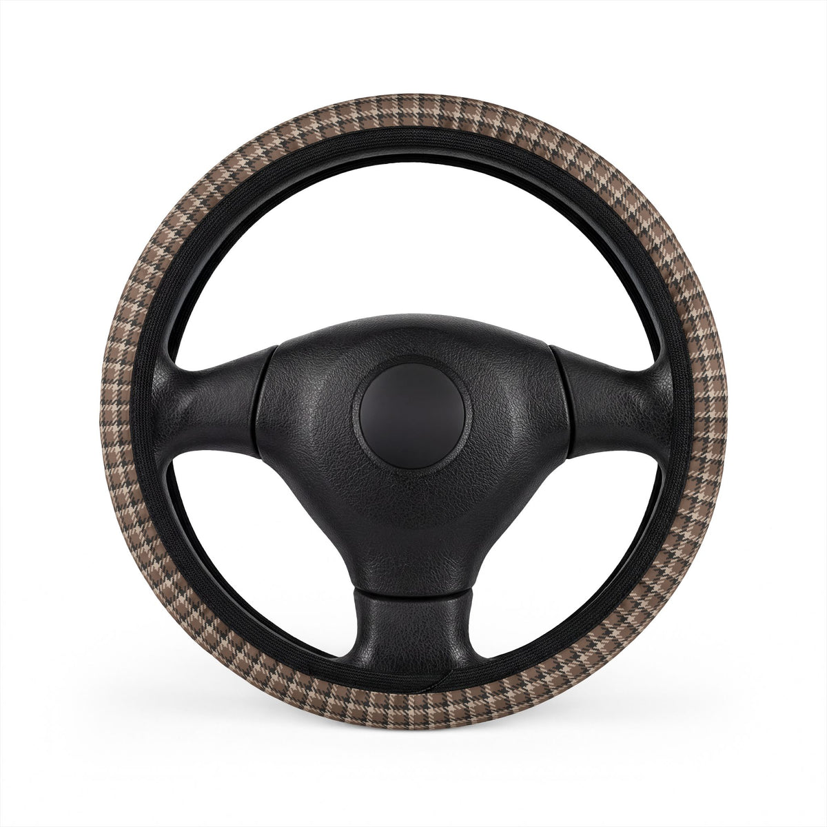 Gray houndstooth plaid steering wheel cover, on a steering wheel