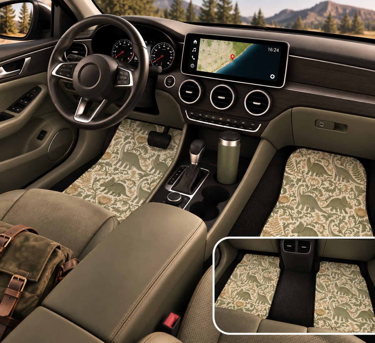 Green dinosaur car mats shown in a car interior