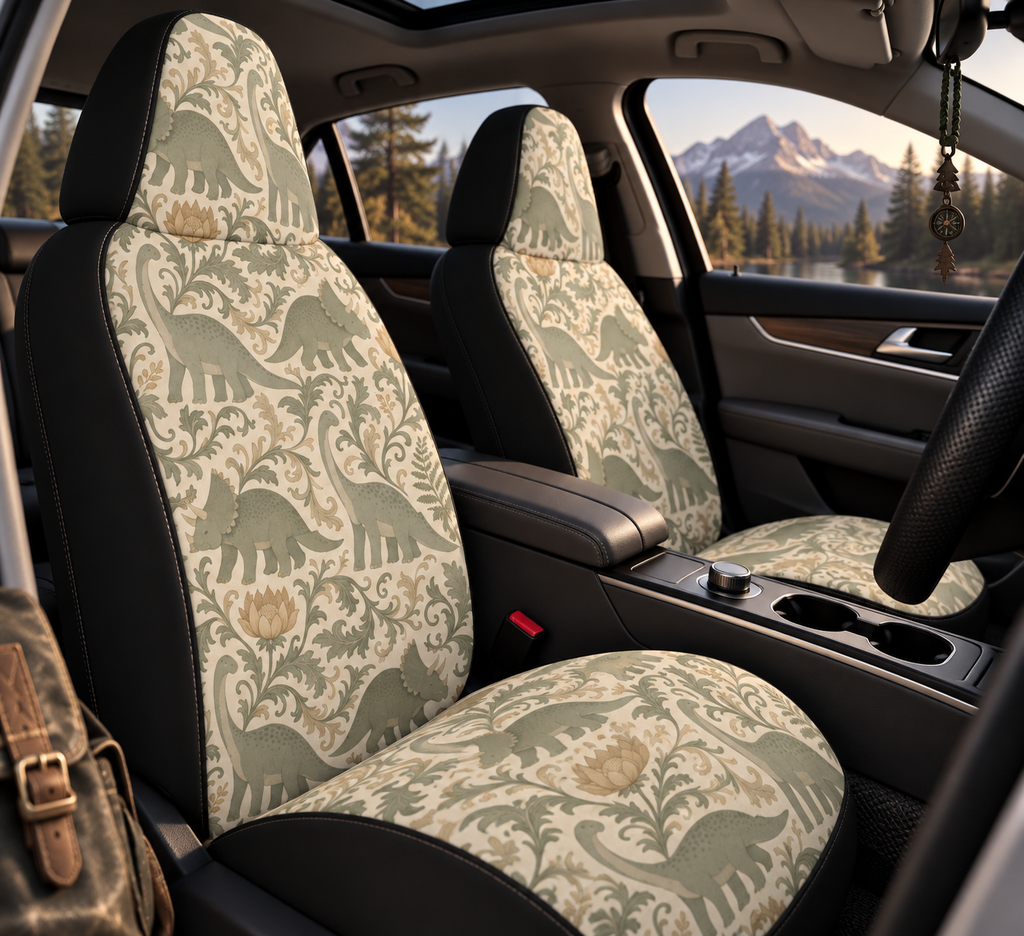 Green dinosaur car seat covers shown in a car interior