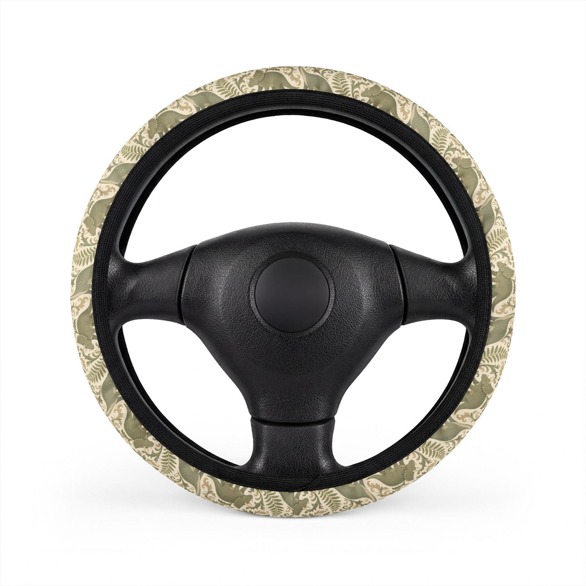 Green dinosaur steering wheel cover, on a steering wheel