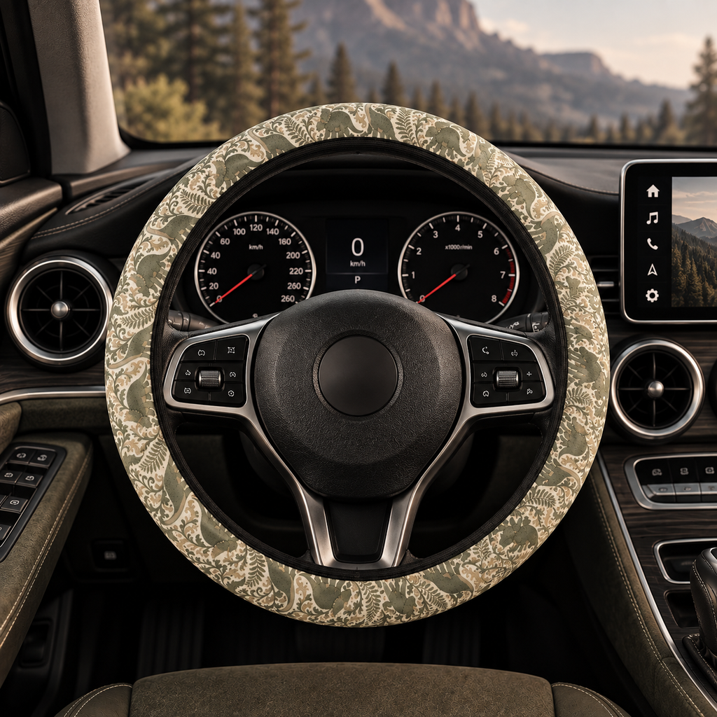 Green dinosaur steering wheel cover shown in a car interior
