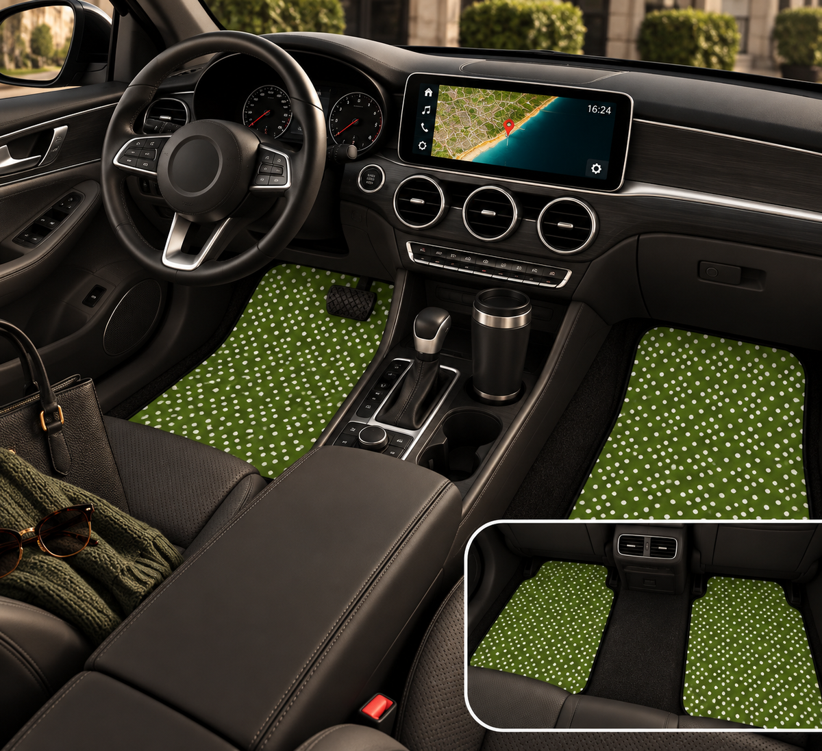 Green polka dot car mats shown in a car interior
