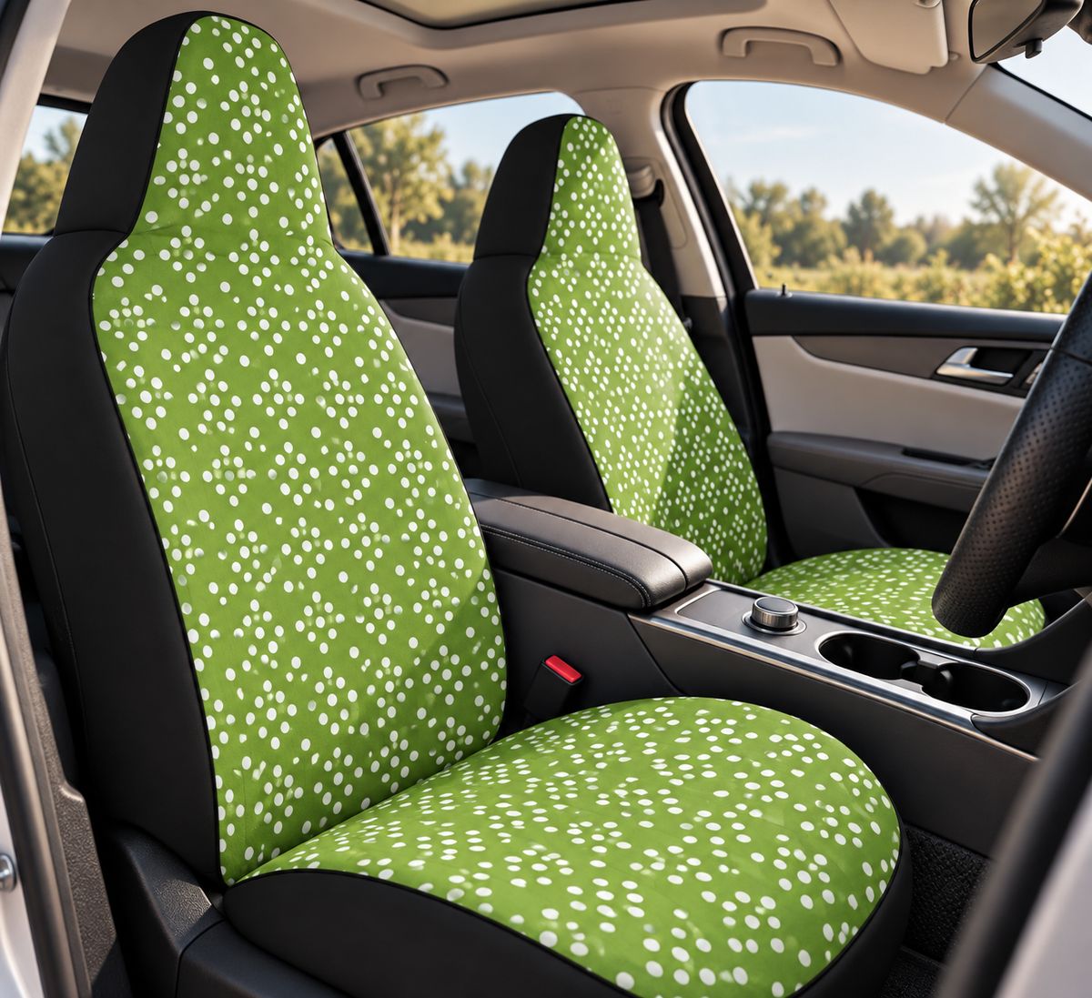 Green polka dot car seat covers shown in a car interior
