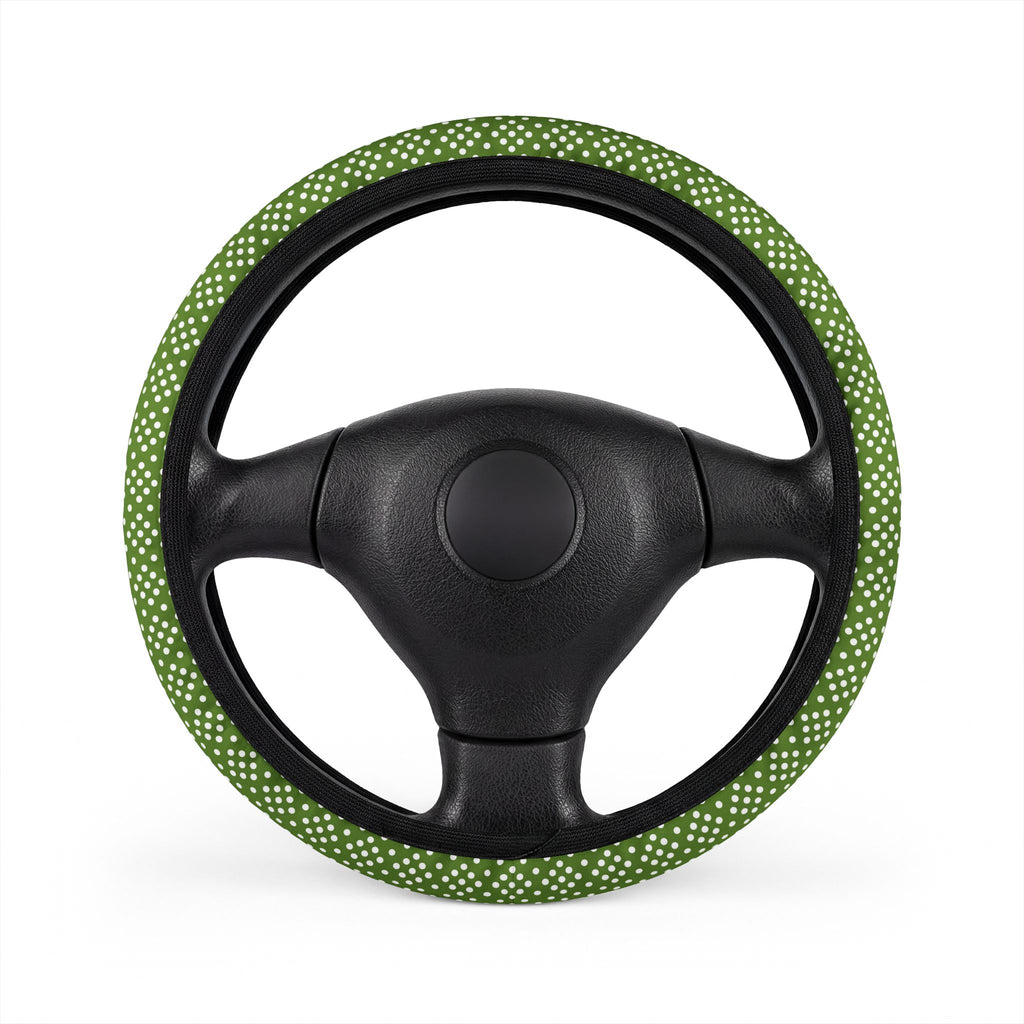 Green polka dot steering wheel cover, on a steering wheel
