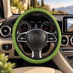 Green polka dot steering wheel cover shown in a car interior