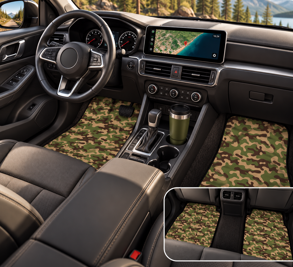 Green woodland camo car mats shown in a car interior