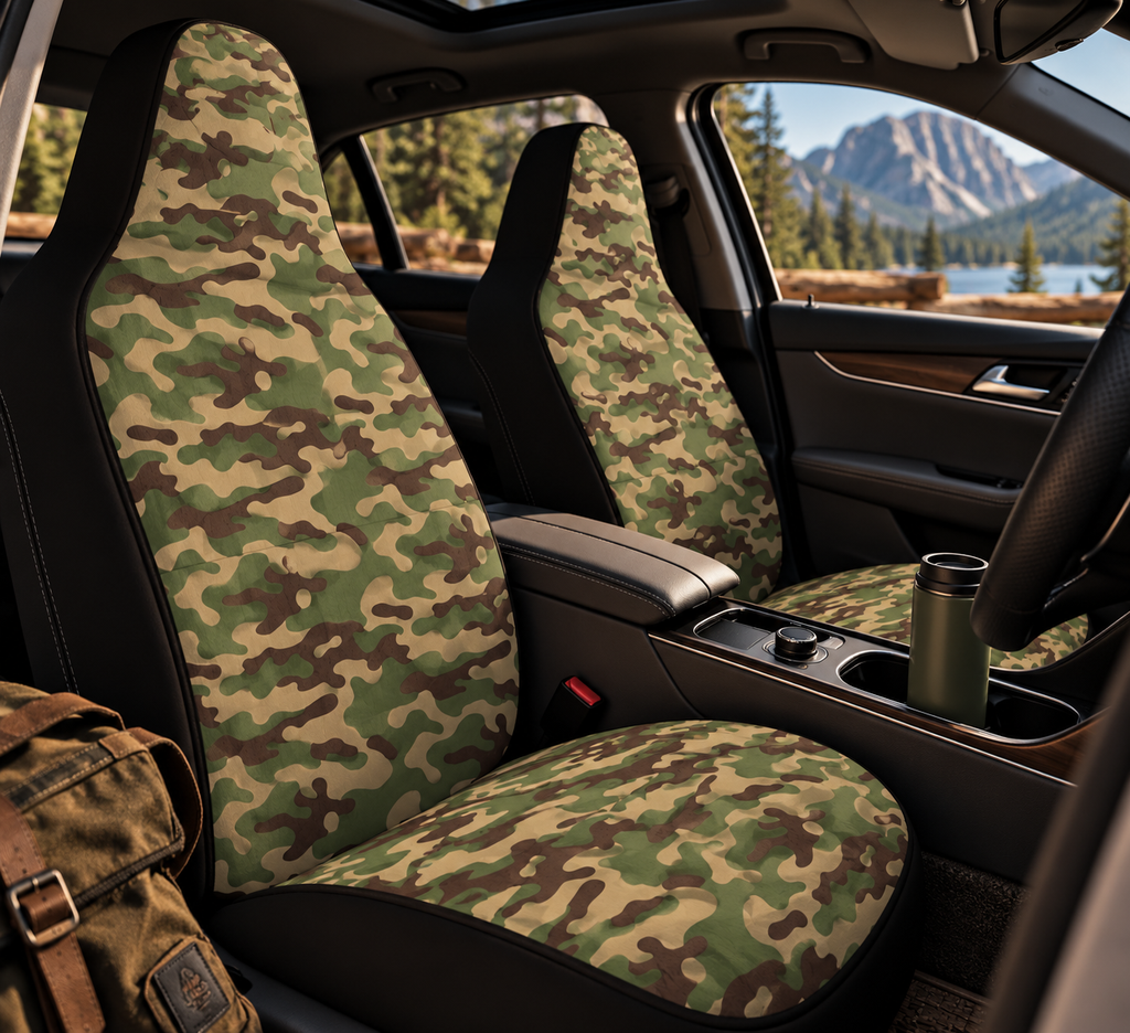 Green woodland camo car seat covers shown in a car interior