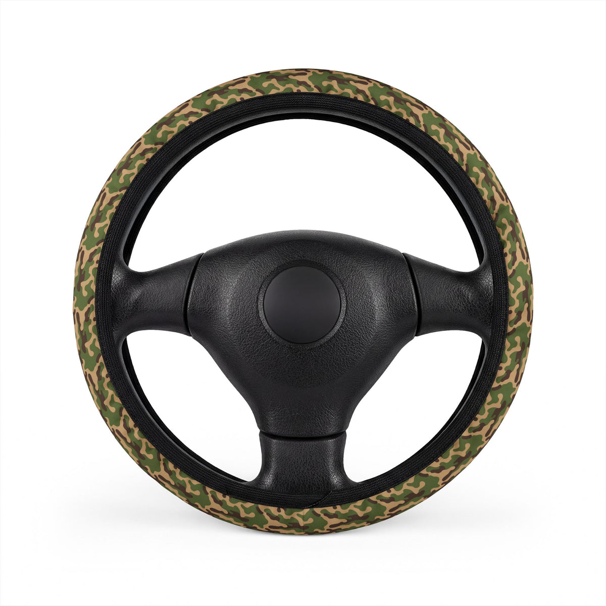 Green woodland camo steering wheel cover, on a steering wheel