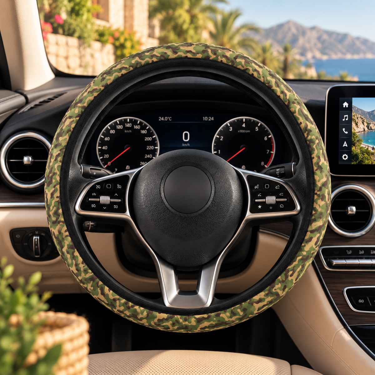 Green woodland camo steering wheel cover shown in a car interior