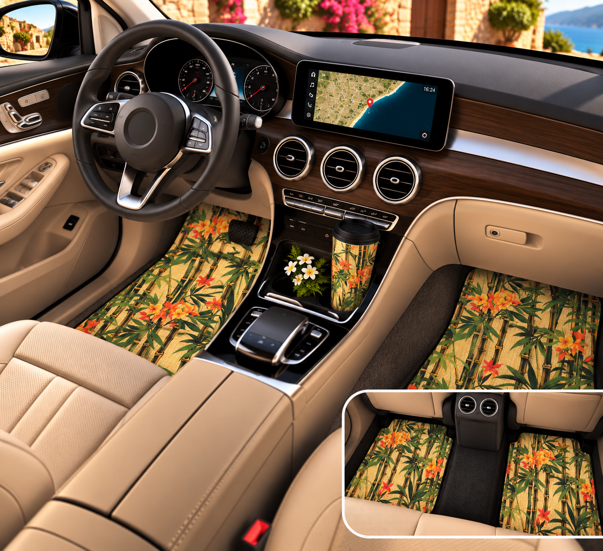 Hawaiian flower print car mats shown in a car interior