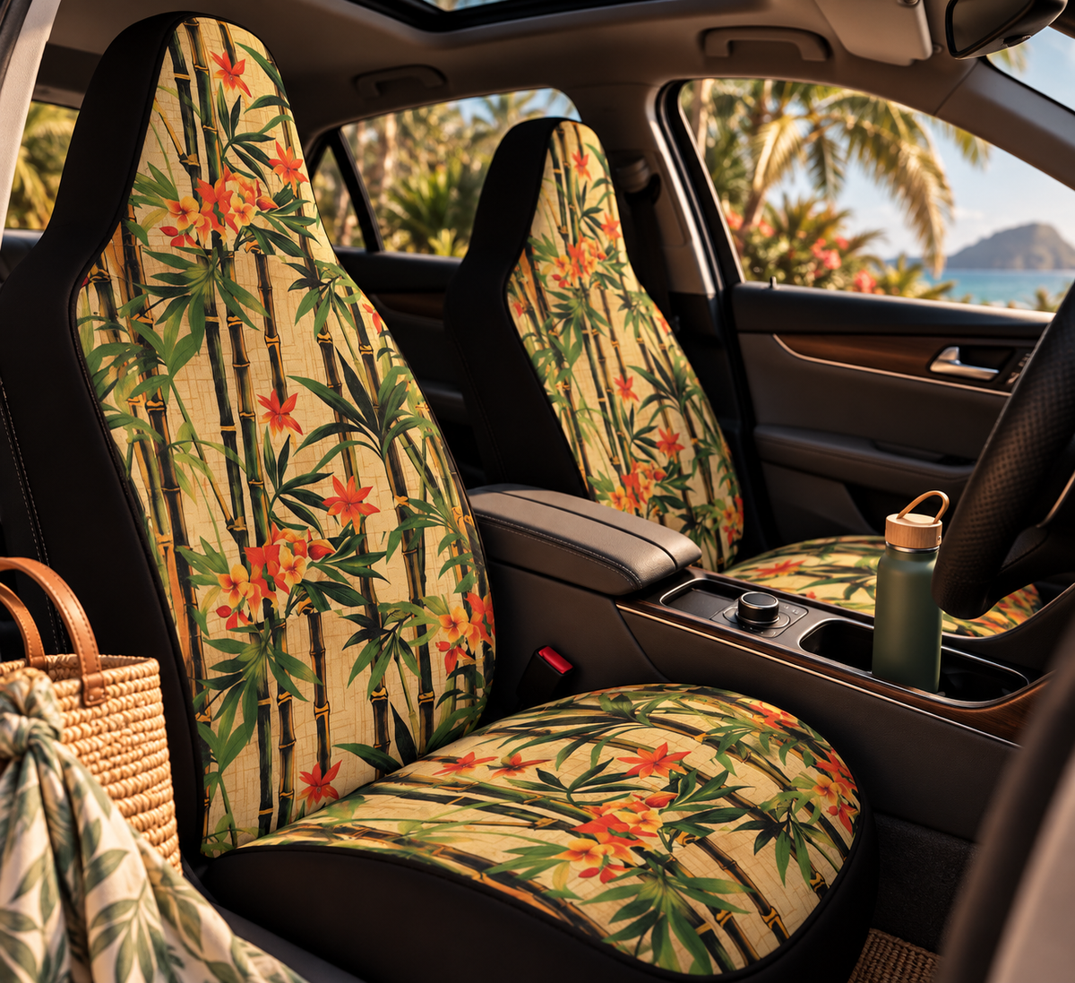 Hawaiian flower print car seat covers shown in a car interior