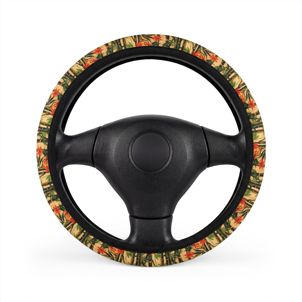 Hawaiian flower print steering wheel cover, on a steering wheel