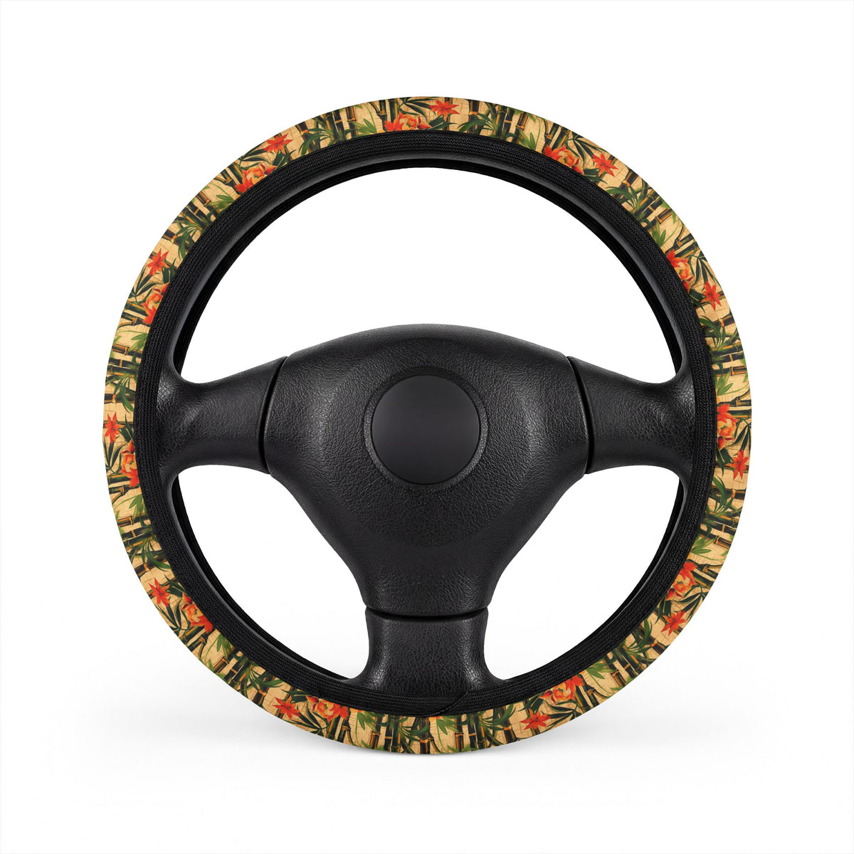 Hawaiian flower print steering wheel cover, on a steering wheel