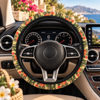 Hawaiian flower print steering wheel cover shown in a car interior