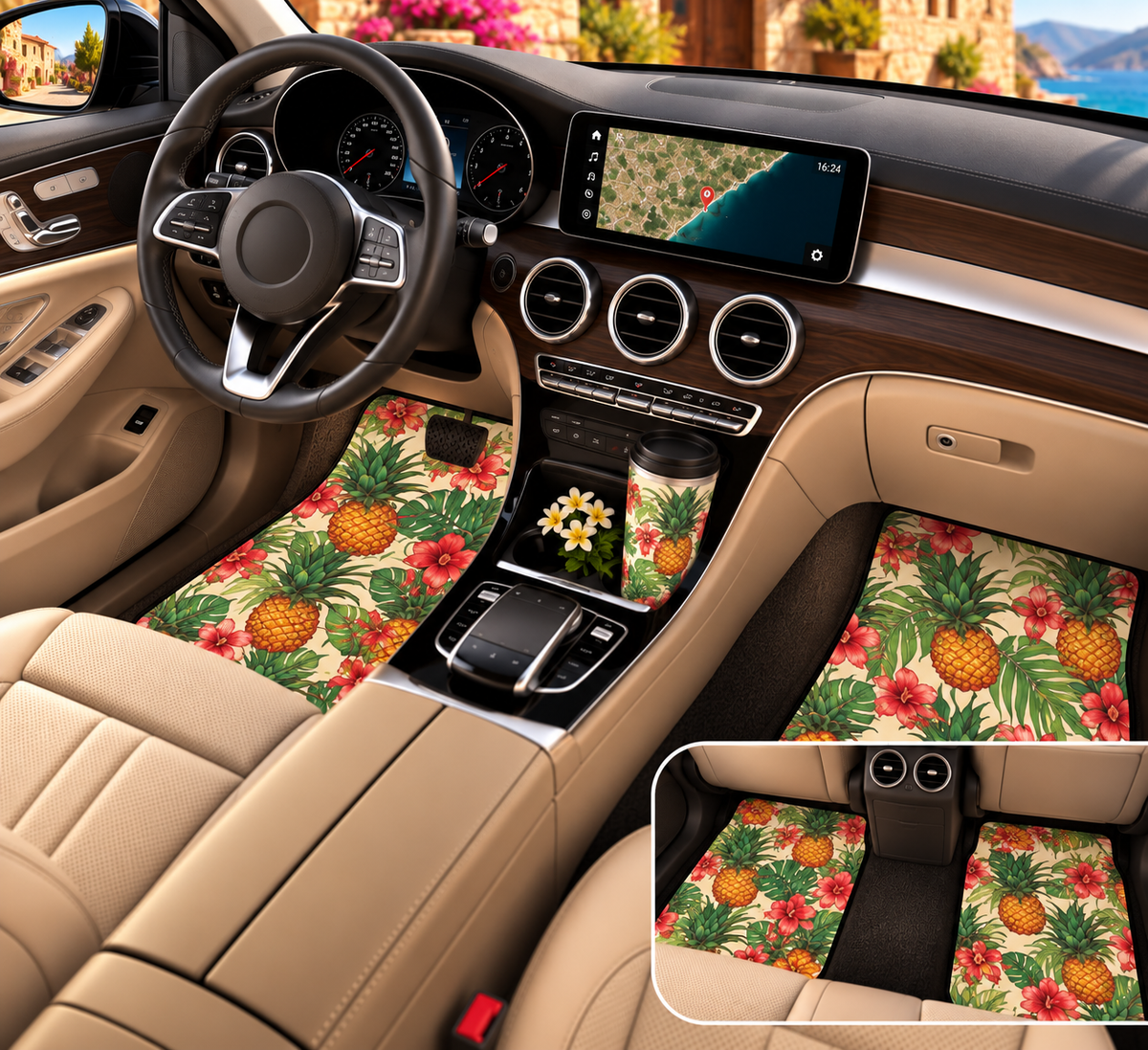Hawaiian pineapple print car mats shown in a car interior