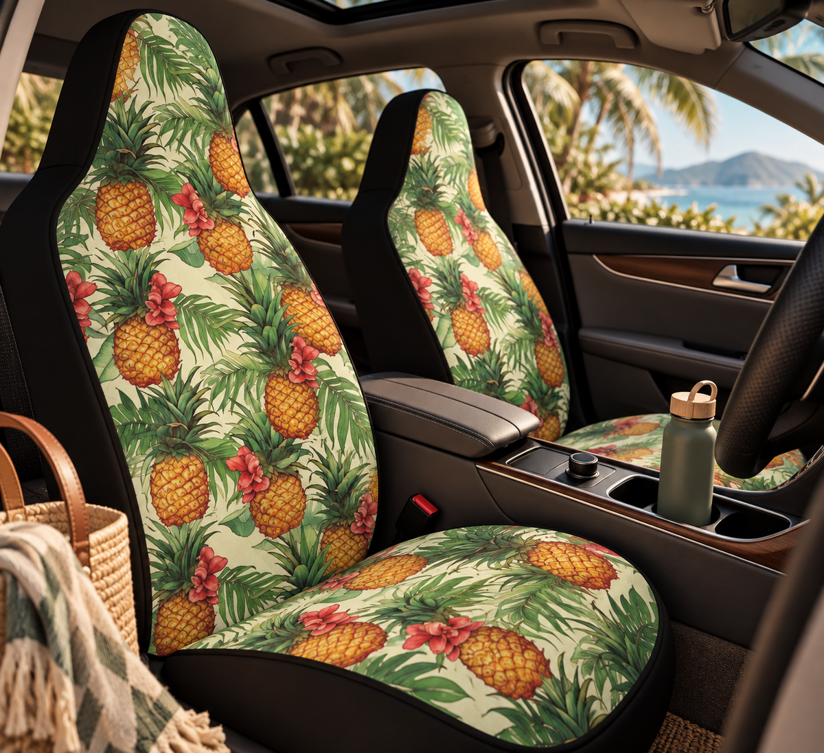 Hawaiian pineapple print car seat covers shown in a car interior