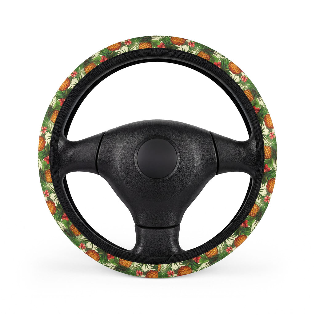 Hawaiian pineapple print steering wheel cover, on a steering wheel