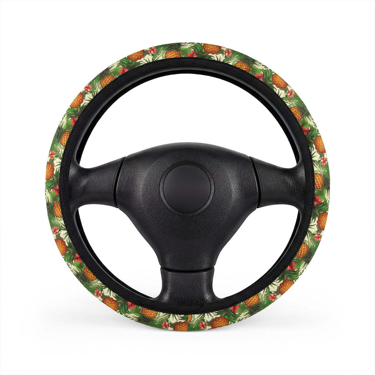 Hawaiian pineapple print steering wheel cover, on a steering wheel