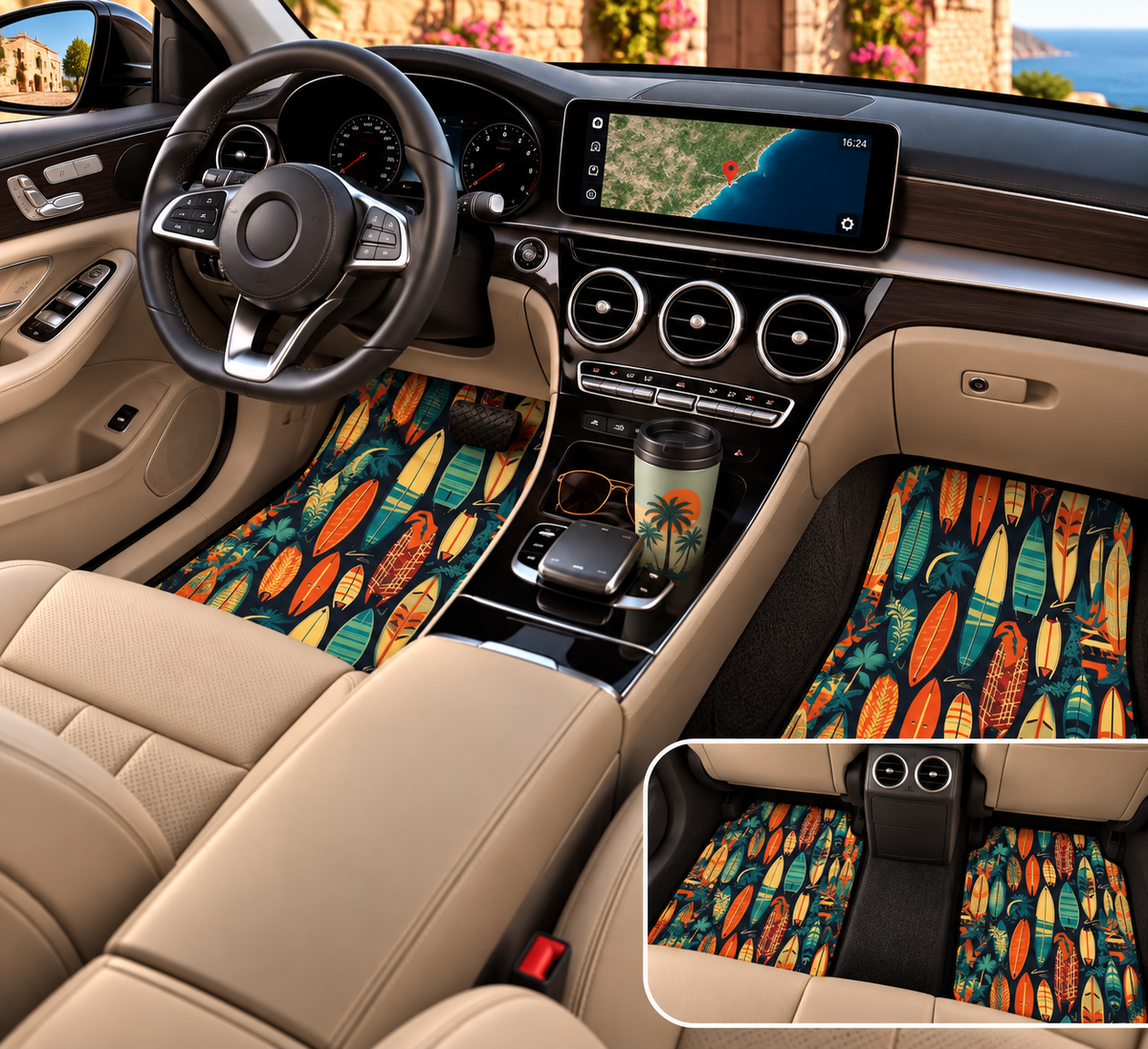 Hawaiian surfboard print car mats shown in a car interior