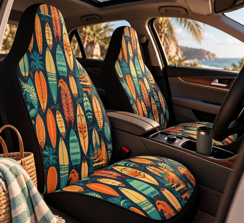 Hawaiian surfboard print car seat covers shown in a car interior