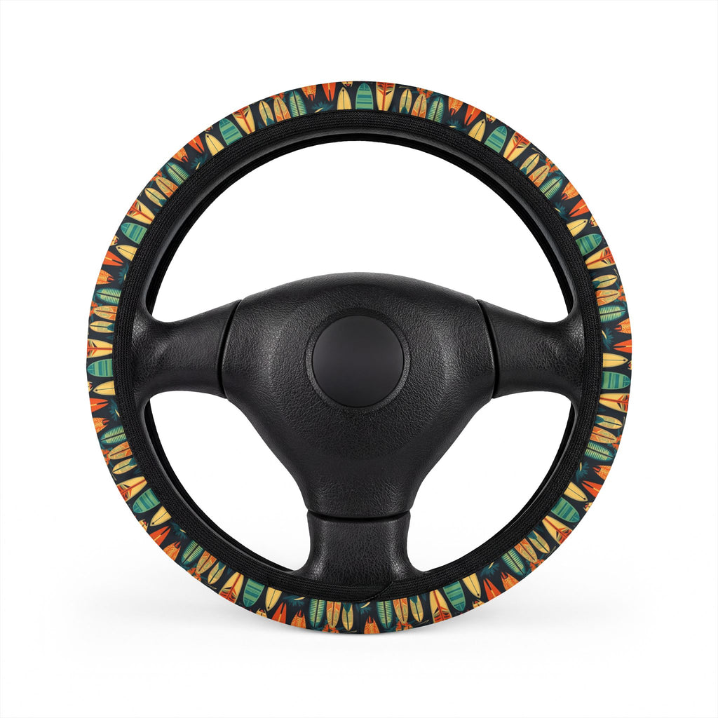Hawaiian surfboard print steering wheel cover, on a steering wheel