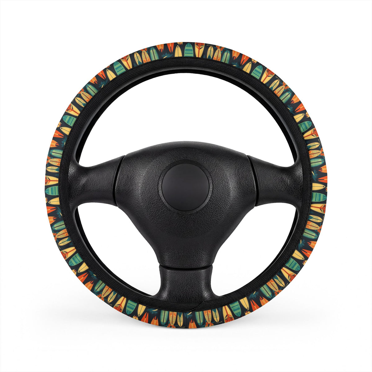 Hawaiian surfboard print steering wheel cover, on a steering wheel