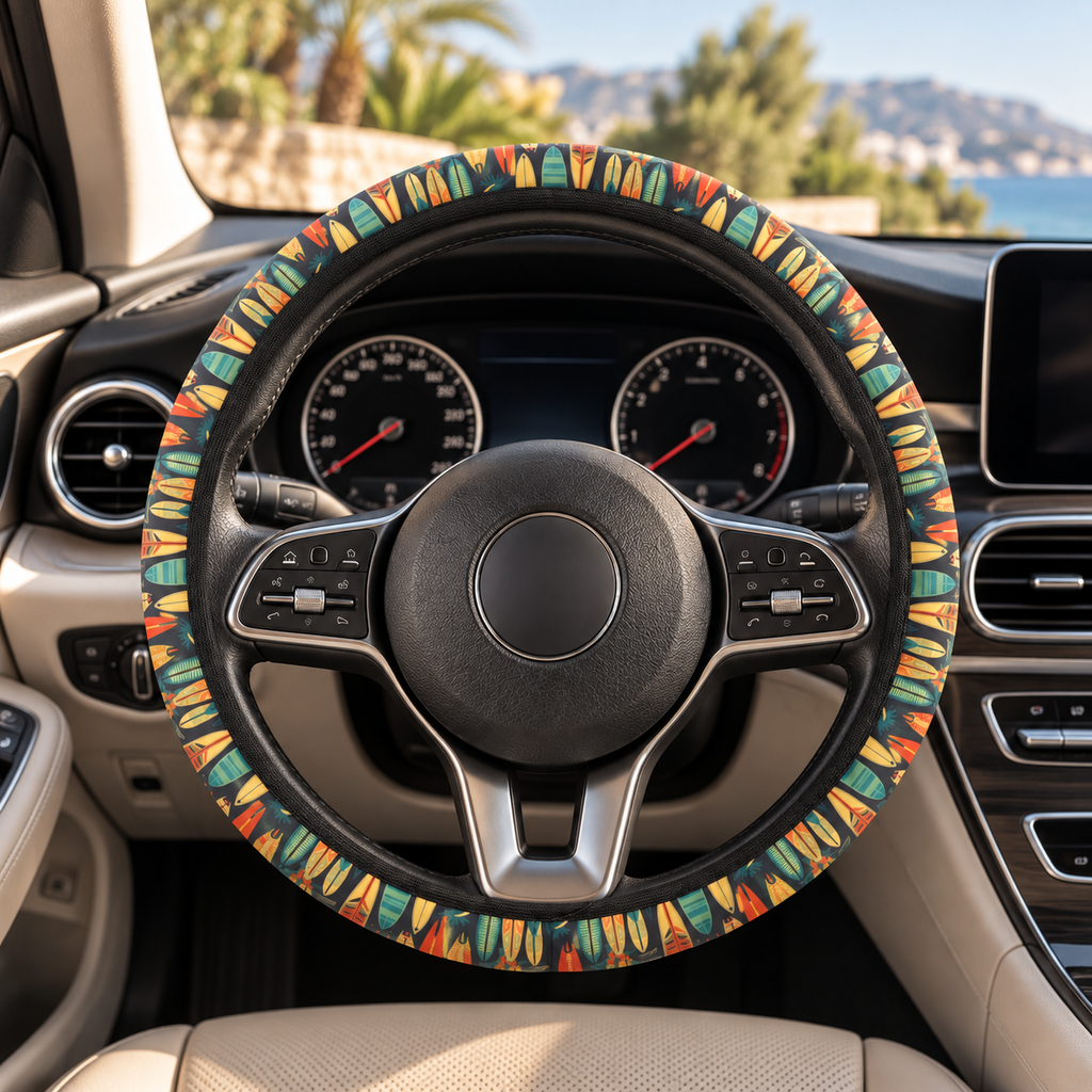 Hawaiian surfboard print steering wheel cover shown in a car interior