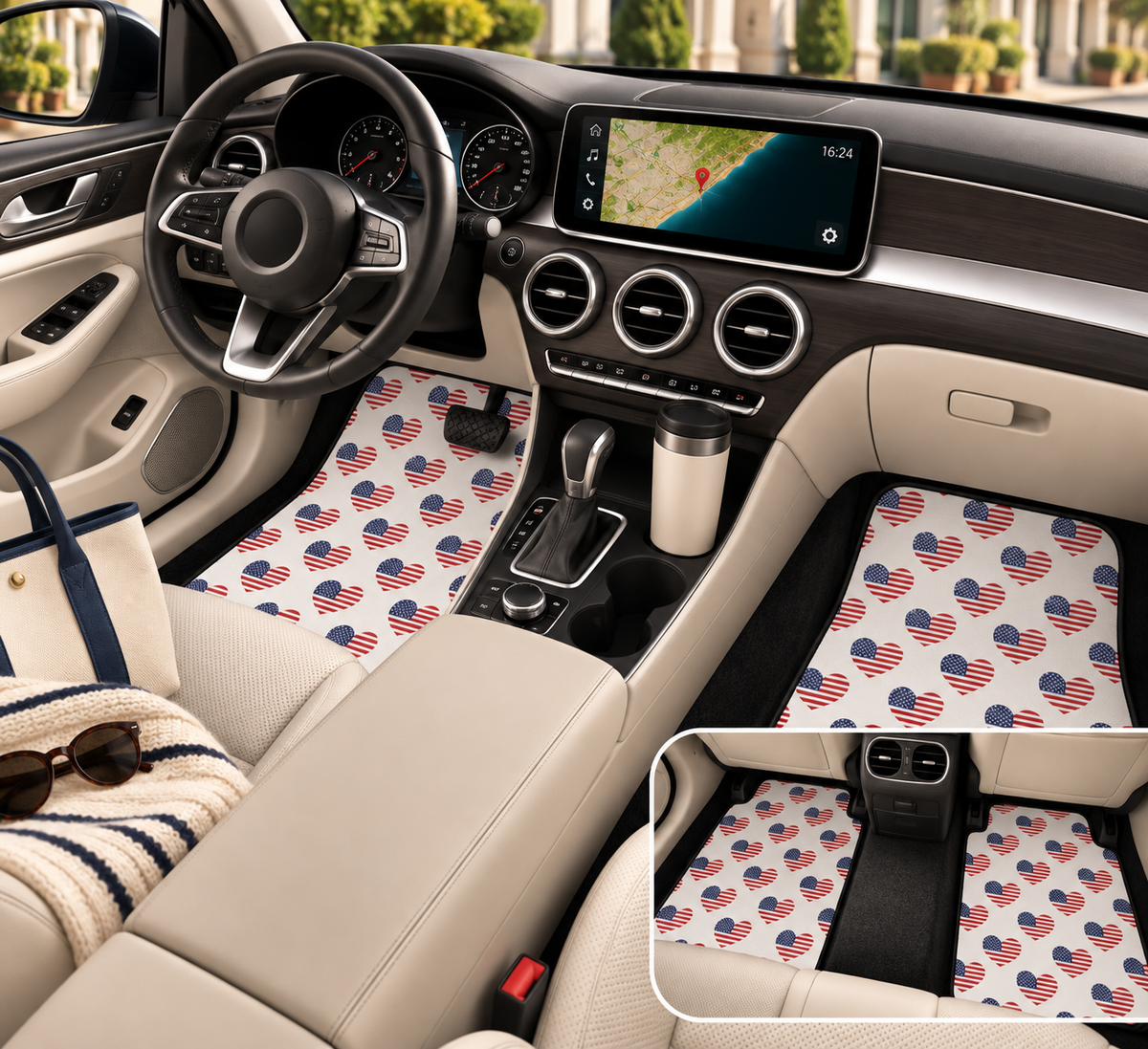 Heart American flag car mats shown in a car interior