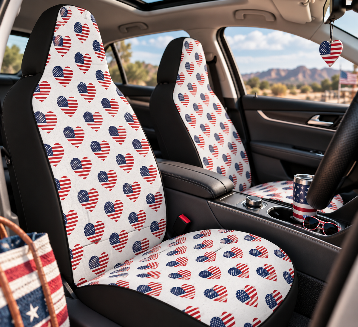 Heart American flag car seat covers shown in a car interior