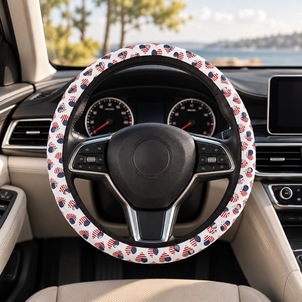 Heart American flag steering wheel cover shown in a car interior