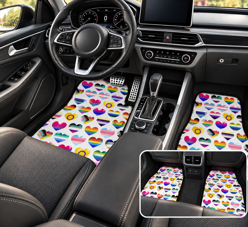 Interracial love pride car mats shown in a car interior