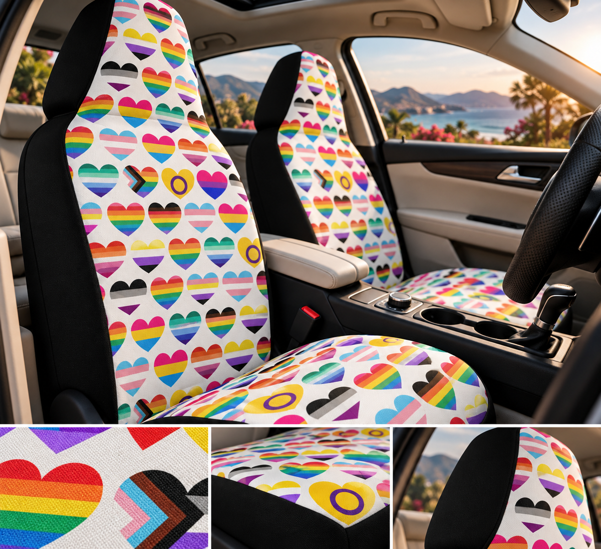 Interracial love pride car seat covers shown in a car interior