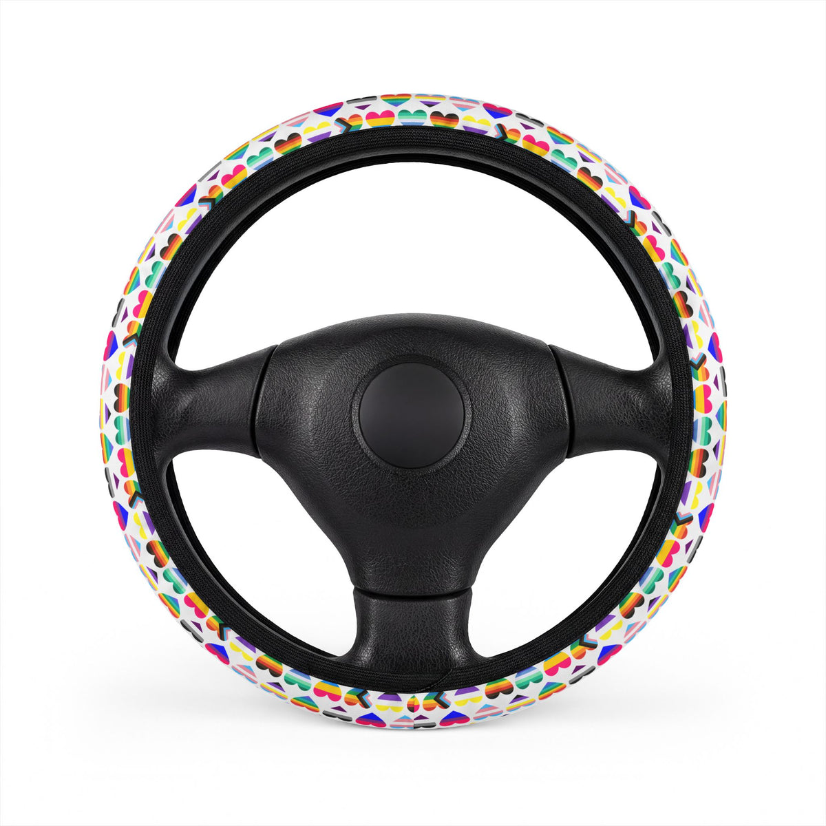 Interracial love pride steering wheel cover, on a steering wheel