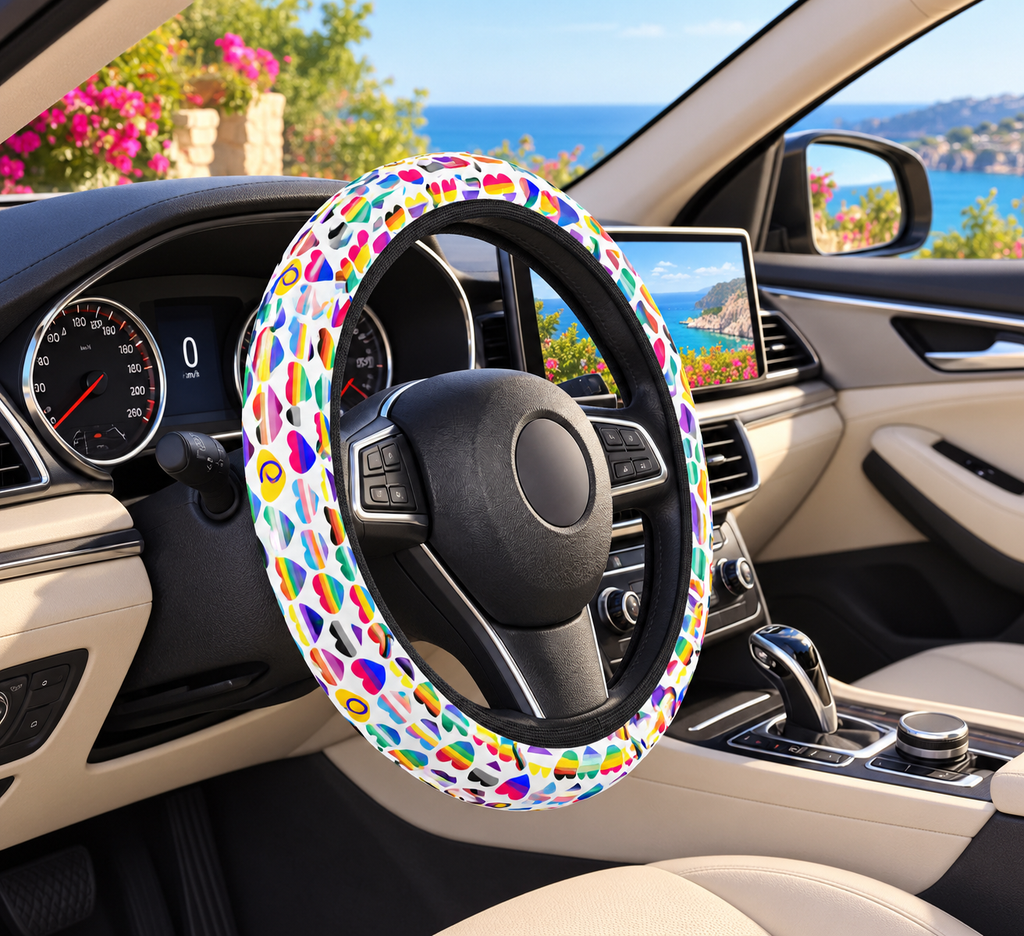 Interracial love pride steering wheel cover shown in a car interior